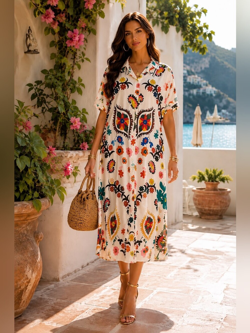 OZ 30 Made IaFloral Button-Front Midi Shirt Dress in Ivory with Multicolor Print - Picture 1 of 1